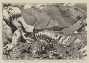 En marche vers Kaboul, le général Roberts et son groupe attaqués par les Ghilzais entre Ali-Kheyl et Kushi - Charles Edwin Fripp